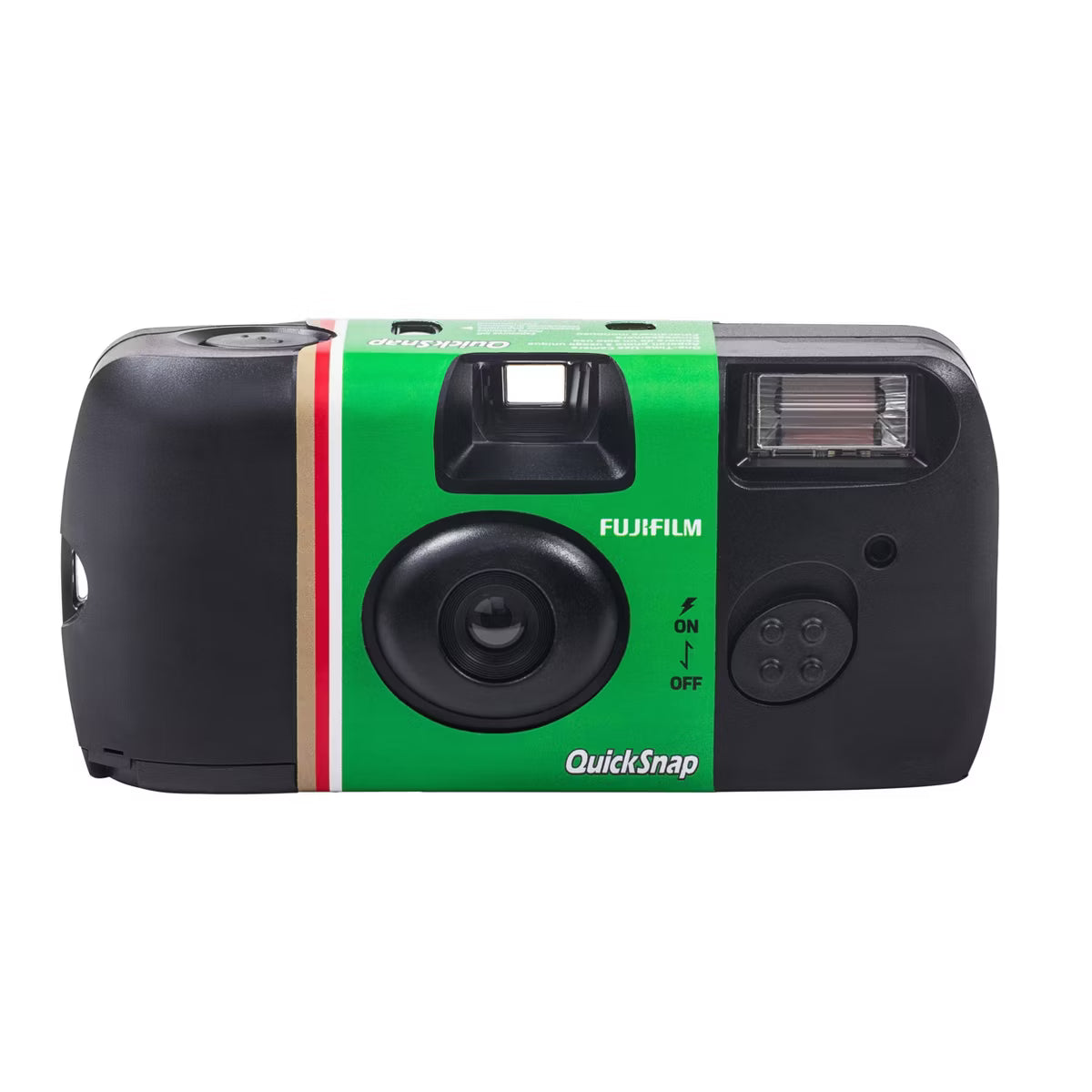 Fujifilm QuickSnap instant camera with green and black design on a white background
